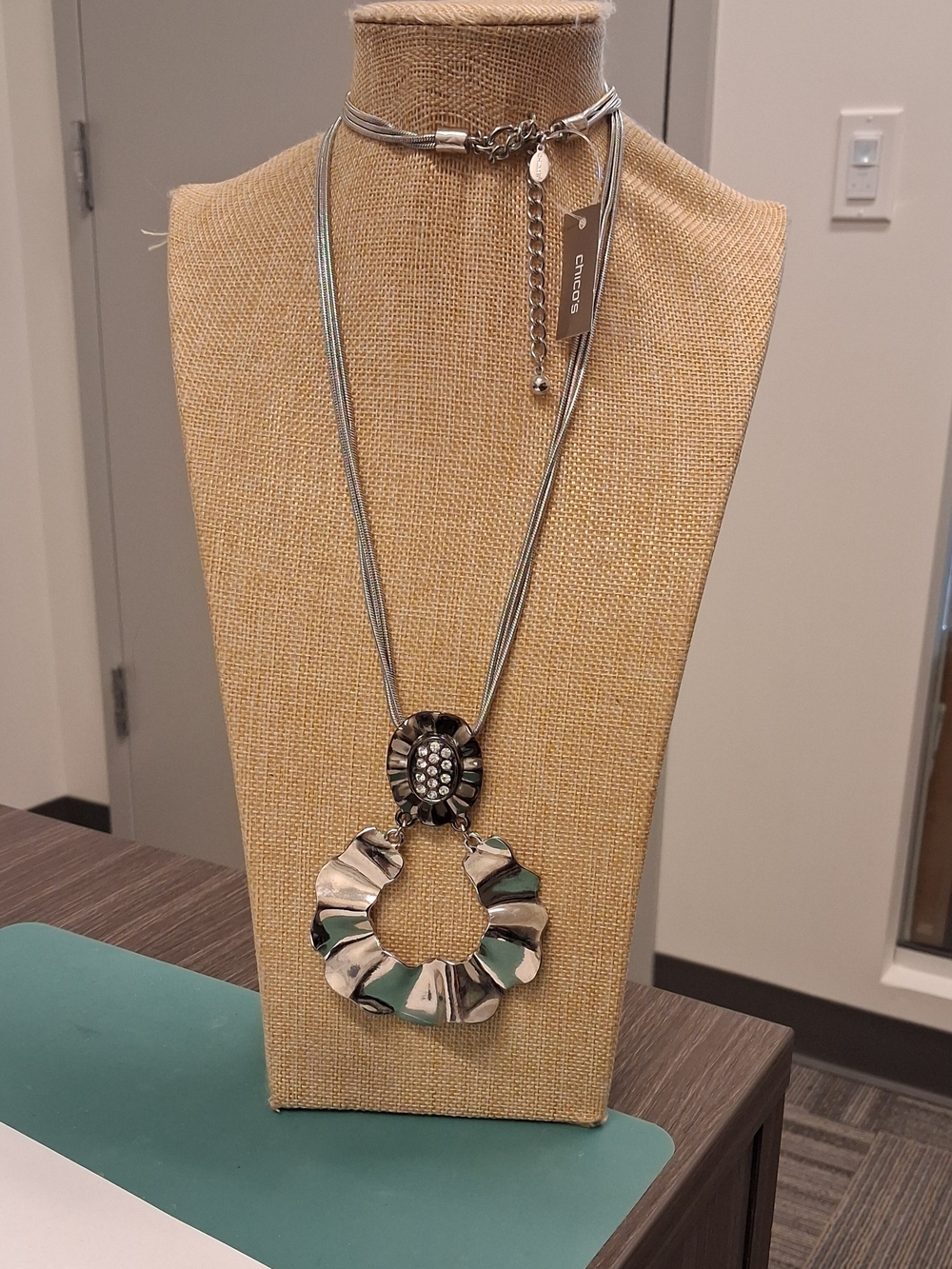 New, Heavy, Chico's Silver-Tone Statement long Pendant Necklace with rhinestone